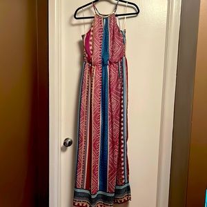 Multicolored flowy maxi dress with gold neck embellishment. Size L. NWOT